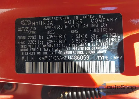 2020 Hyundai Kona Se from USA, damaged, VIN KM8K1CAA6LU486059